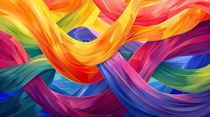 A joyful, colorful illustration of intertwined rainbow-colored ribbons set against a backdrop of abstract shapes and lines, symbolizing togetherness for LGBTQ+ Pride Month