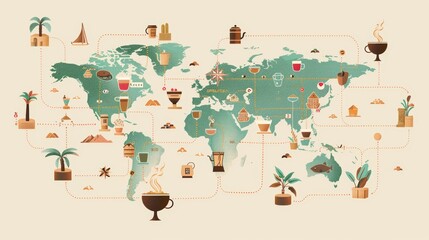 A world map with lines connecting coffee-growing regions to diverse coffee shops, highlighting the bean's global journey. 