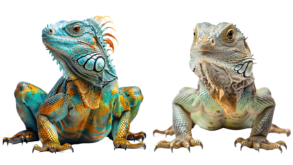 Set of Vivid Green Iguana with Sharp Claws and Scales, High Resolution Stock Image, Isolated on Transparent Background
