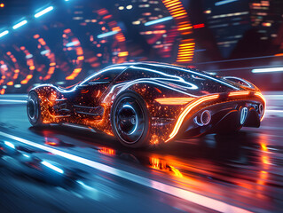Fototapeta premium A futuristic car with a digital mesh body and glowing red wheels and lights, driving down a neon-lit street.