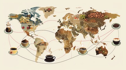 A world map with lines connecting coffee-growing regions to diverse coffee shops, highlighting the bean's global journey. 