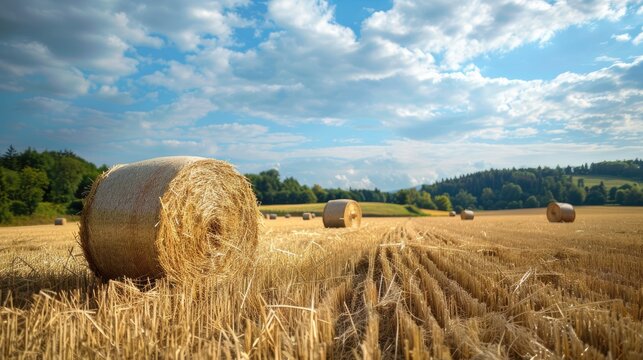 Field with straw rolls and round bales stover from harvested cereal plants in agriculture
