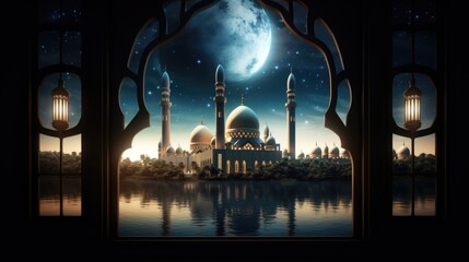A windows depicts an islamic mosque at night with moon and lentern. In style of islamic city....