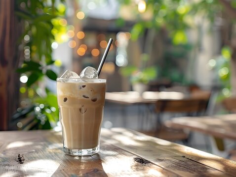 Refreshing Iced Latte Amidst Lush Outdoor Caf Setting with Condensation and Metal Straw