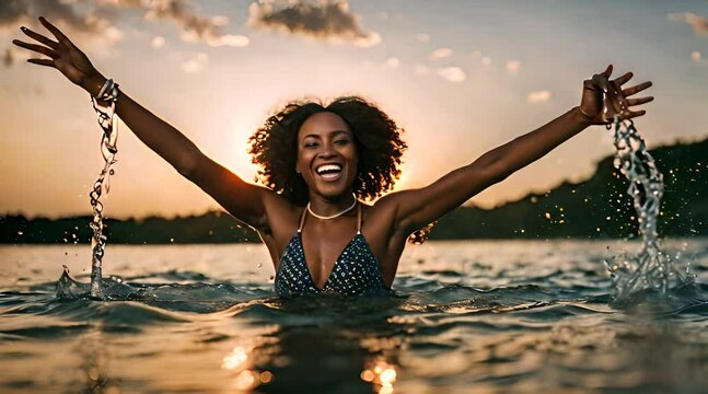 Junge Frau feiert bei einer Party im Wasser