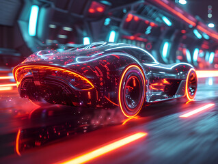 A futuristic car with a digital mesh body and glowing red wheels and lights, driving down a neon-lit street.