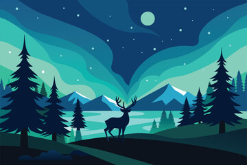 Beautiful Aurora Borealis Sky Light Pine Deer Mountain Polar Landscape vector Illustration