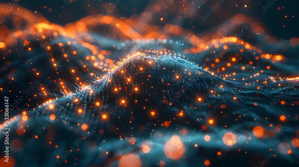 Poster quantum computing visualized as complex entanglement of bits and patterns abstract futuristic techno