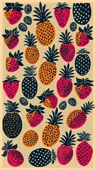 Colorful tropical fruit pattern featuring pineapples and strawberries on a beige background, perfect for summer-themed designs and decor.