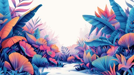 Colorful tropical jungle illustration with vibrant foliage and exotic plants creating a lush and serene forest landscape under a clear sky.