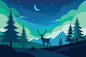 Beautiful Aurora Borealis Sky Light Pine Deer Mountain Polar Landscape vector Illustration