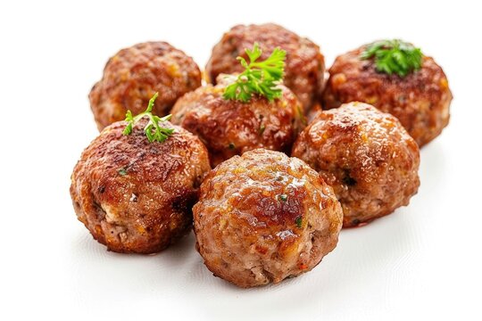 Succulent Swedish meatballs isolated on a white background, perfectly cooked and herbed