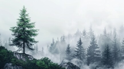 Green forest on misty mountain ridge