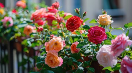 Balcony garden with blooming colorful roses