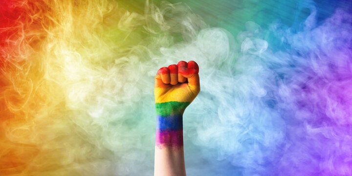 A painted fist is raised expressing the LGBTQ pride symbol with a rainbow-colored smoke background. Pride Month conceptual banner.