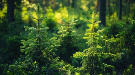 Obraz premium Young spruces in a coniferous forest natural background
