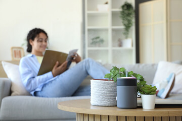 Air humidifier with plants on table in living room, closeup