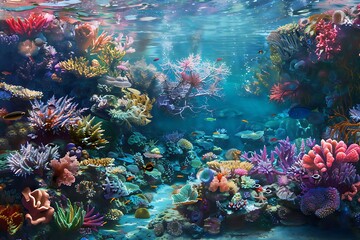A vibrant coral reef thriving after a restoration effort, teeming with new life and vibrant colors.