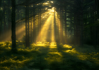 Naklejka premium A vibrant nature rainforest at dusk, the last light of the day creating long shadows and a serene atmosphere