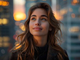 Fototapeta premium A pretty woman stands in front of a sunset.