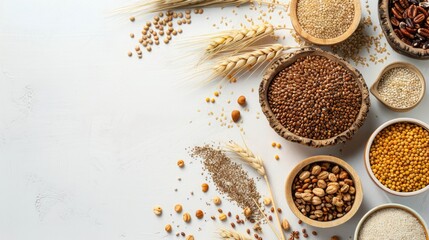 Assorted gluten free grains and food displayed on a white background flat lay arrangement with space for text