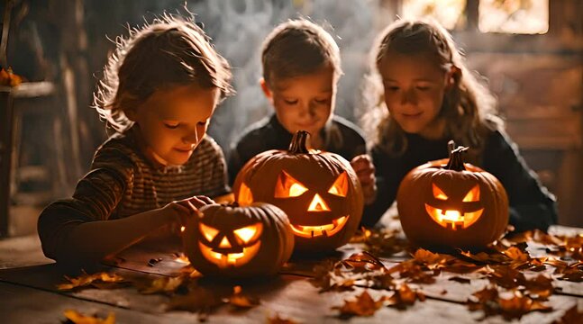 Kinder schnitzen einen K&uuml;rbis f&uuml;r Halloween