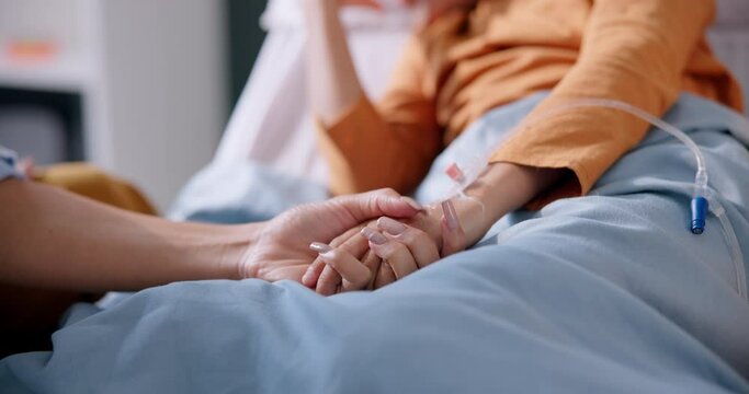 Mother, hands and comforting sick boy in hospital on bed with care, love and support for lungs illness. Mom, child and kindness in clinic with hope for health, wellness and healthcare of ill son