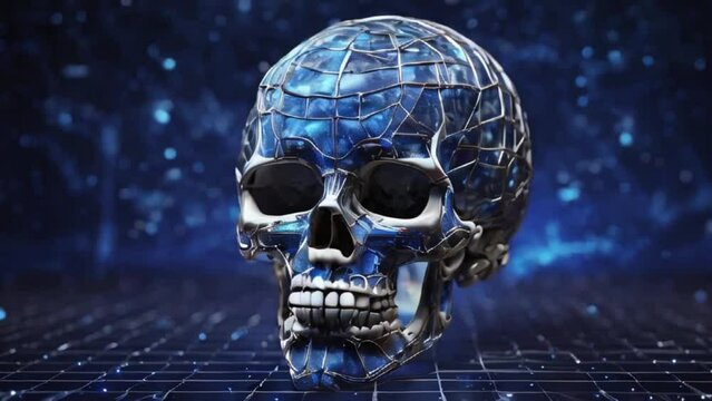 A digitally rendered skull with intricate glowing blue lines overlays the image, creating a futuristic design against a dark grid pattern background, evoking themes of technology