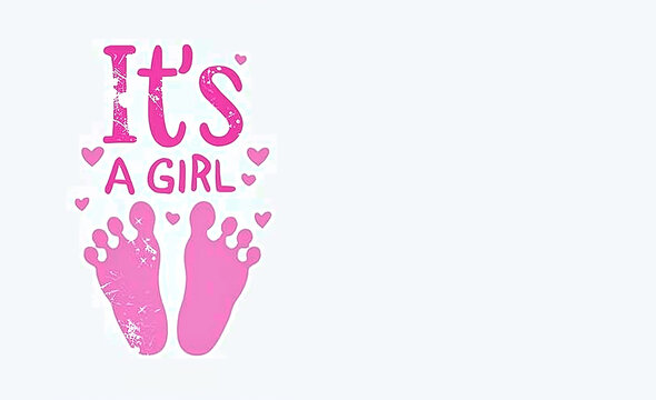 texte en anglais "it's a girl" C'est une fille, illustration rose sur fond blanc texte et dessin d'empreintes de pieds de b&eacute;b&eacute; roses. Illustration pour baby shower, grossesse, naissance copyspace