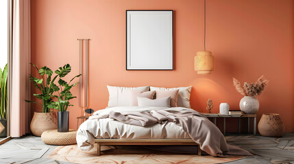 A warm and inviting bedroom with a pink color scheme, cozy bed, modern decor, and lush indoor plants, creating a stylish and serene living space mockup