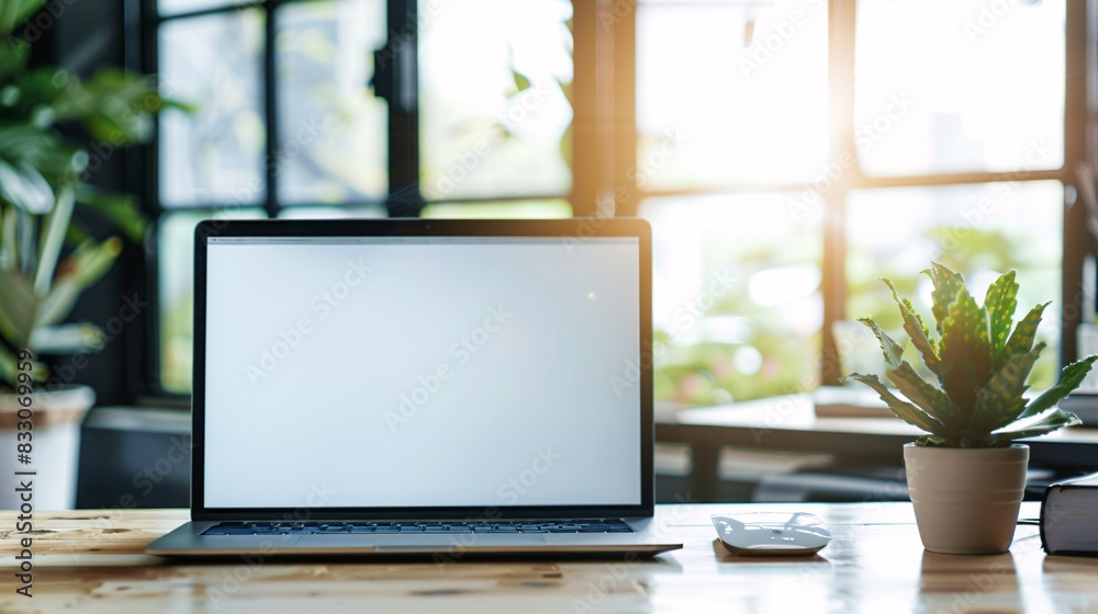 Wall mural laptop pc mock up template design on office workplace desk, white mockup empty blank computer screen