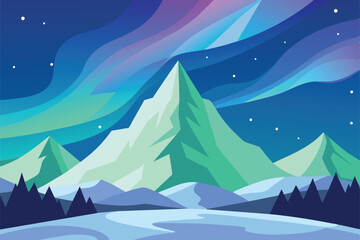 Beautiful Aurora Borealis Sky Light Snow Mountain Adventure Polar Landscape vector Illustration