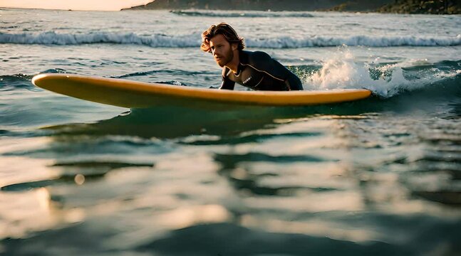 Surfer liegt auf Surfbrett im Meer und paddelt
