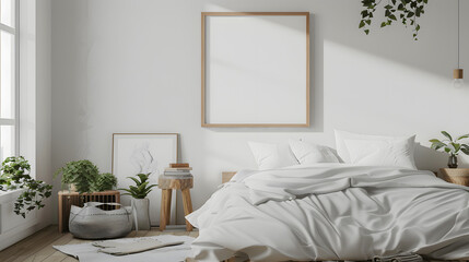 A bright bedroom featuring a white color scheme, cozy bed, natural light, and lush indoor plants, creating a serene and refreshing living space. mockup