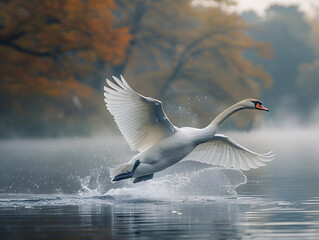 A swan is taking off from a lake with its wings spread wide. The sun is shining through the trees in the background.
