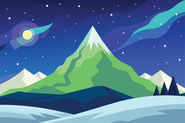 Beautiful Aurora Borealis Sky Light Snow Mountain Adventure Polar Landscape vector Illustration