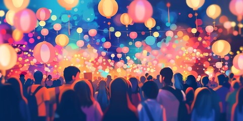 Blurred Crowd of People at a Festival with Colorful Lanterns in the Background