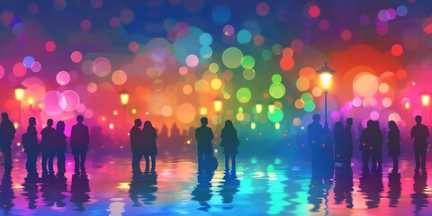 Fototapeta premium Blurred crowd of people walking in the city at night with colorful bokeh lights in the background.