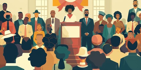 Crowd of diverse people listening to a speaker at a podium.