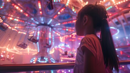 Obraz premium Children Exploring a Futuristic Amusement Park with Advanced Rides and Holographic Attractions