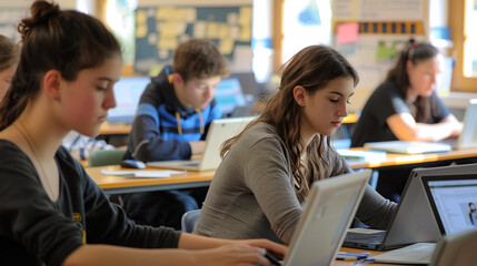 In the computer classroom, students are studying on laptops
