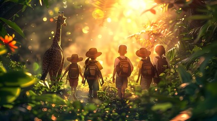 Children on a Whimsical Safari Adventure with Enchanting Animals and Lush Landscapes