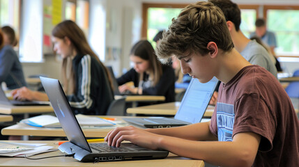 In the computer classroom, students are studying on laptops