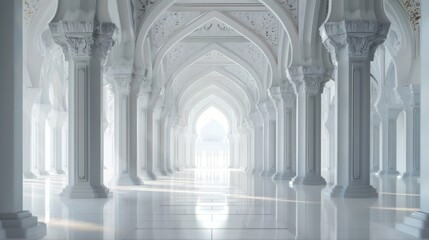 interior of a beautiful islamic mosque with ornate archway.