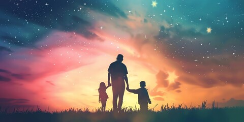 Father and children holding hands at sunset.