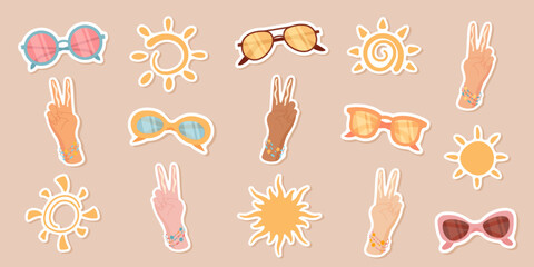 Sunscreen collection with sunglasses hands and sun symbols, isolated uv block sticker set and summer sun glasses, woman hands with two finger rule apply sun protection cream or spf cosmetic product.