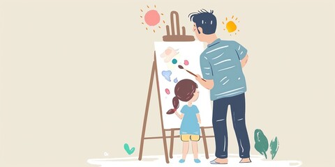 Father and daughter painting together. Family time. Vector illustration.