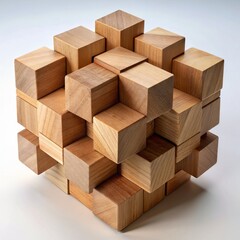 3D Render of a Wooden Block Cube Puzzle, on isolated white background, Generative AI