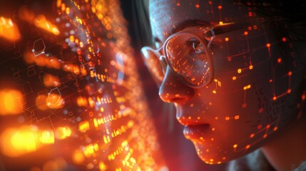 Women in glasses reading html scripts, programming and cyber security research, plus data analytics and holograms of data. A coding or IT person in glasses is reading html scripts, programming