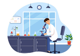 Vector Illustration of a Laboratory Conducting Scientific Research, Experimentation, and Measurement in a Flat Cartoon Style Background